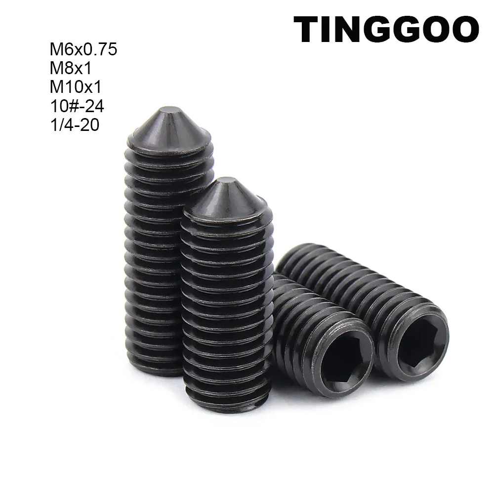 10pcs Fine Thread M6 M8 M10 10#-24 1/4-20 Black 12.9 Grade Steel Hexagon Socket Tapered Grub Headless Bolt Cone Point Set Screw