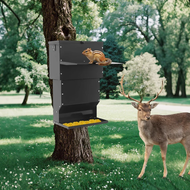 Rainproof Suspended Feeder with Covered, Black Animal Feeder Hanging Deer Feeder, Hanging Deer Feeder with Lid