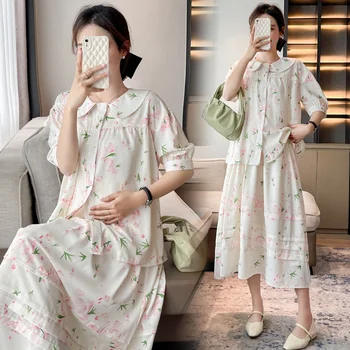 9965# Summer New Arrival Fashion Floral Printed Maternity Blouses Tops Belly Skirts Sets Clothes for Pregnant Women Pregnancy