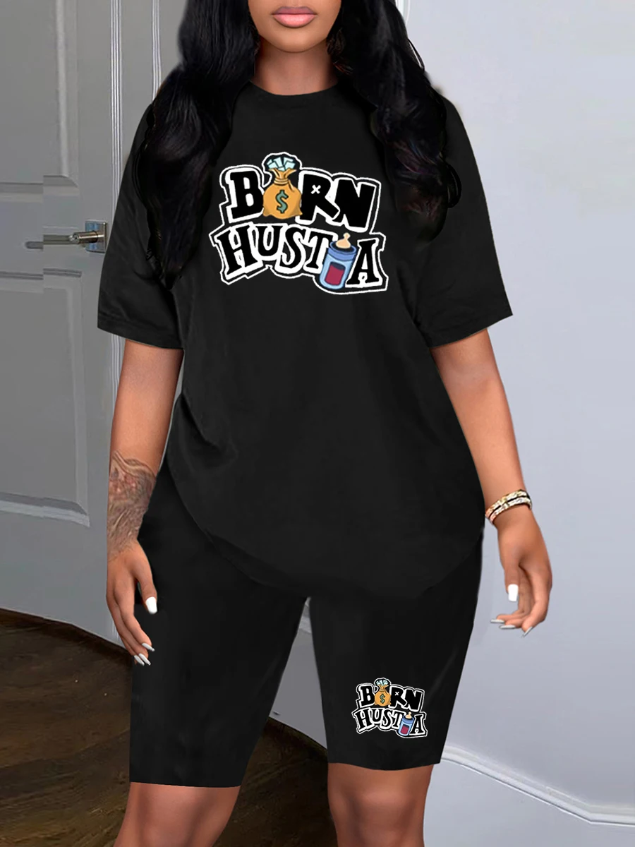 LW Plus Size matching sets Letter Print Shorts Set Pullover short sleeve T-shirt + short sets summer casual Tracksuit women's