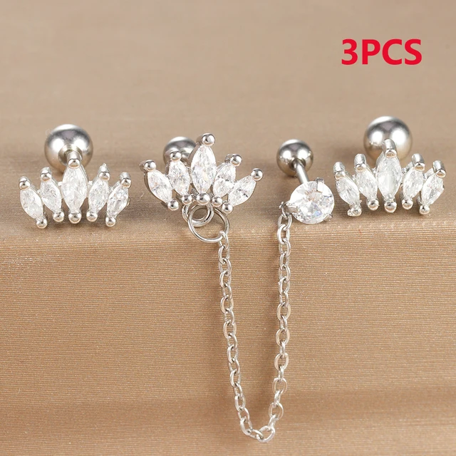 3 pièces en acier inoxydable couronne Double trou chaînes Cartilage Srecw dos boucles d'oreilles ensemble pour femmes oreille Helix Piercing bijoux