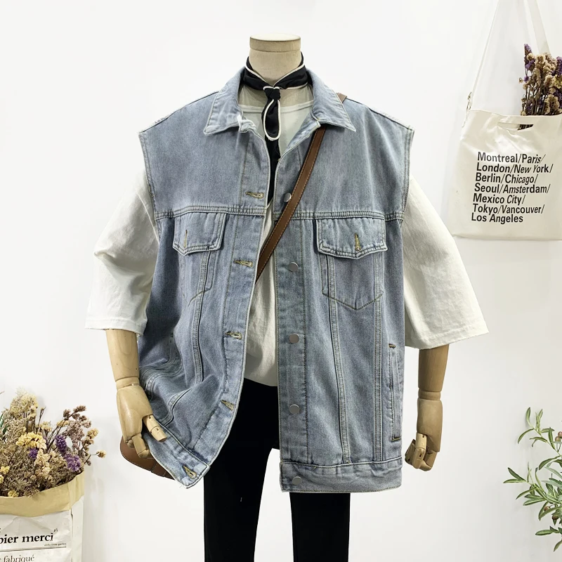 

Spring Autumn Vintage Light Blue Pocket Denim Vest Women Loose Mid Long Cowboy Waistcoat Casual Sleeveless Jeans Jacket Female