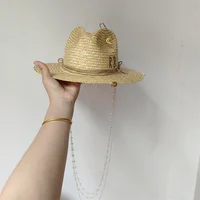 White straw hat pearl chain DIY flat top sun hat new Korean elastic ribbon hat beach hat candy color sun hat - Image 6