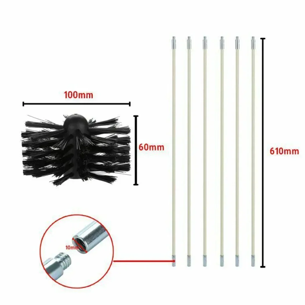 Fireplace Brush head Flue Cleaning System + 2 Rods Accessories Chimney Sweeping Cleaner Brush DIY Nylon Tool Kit
