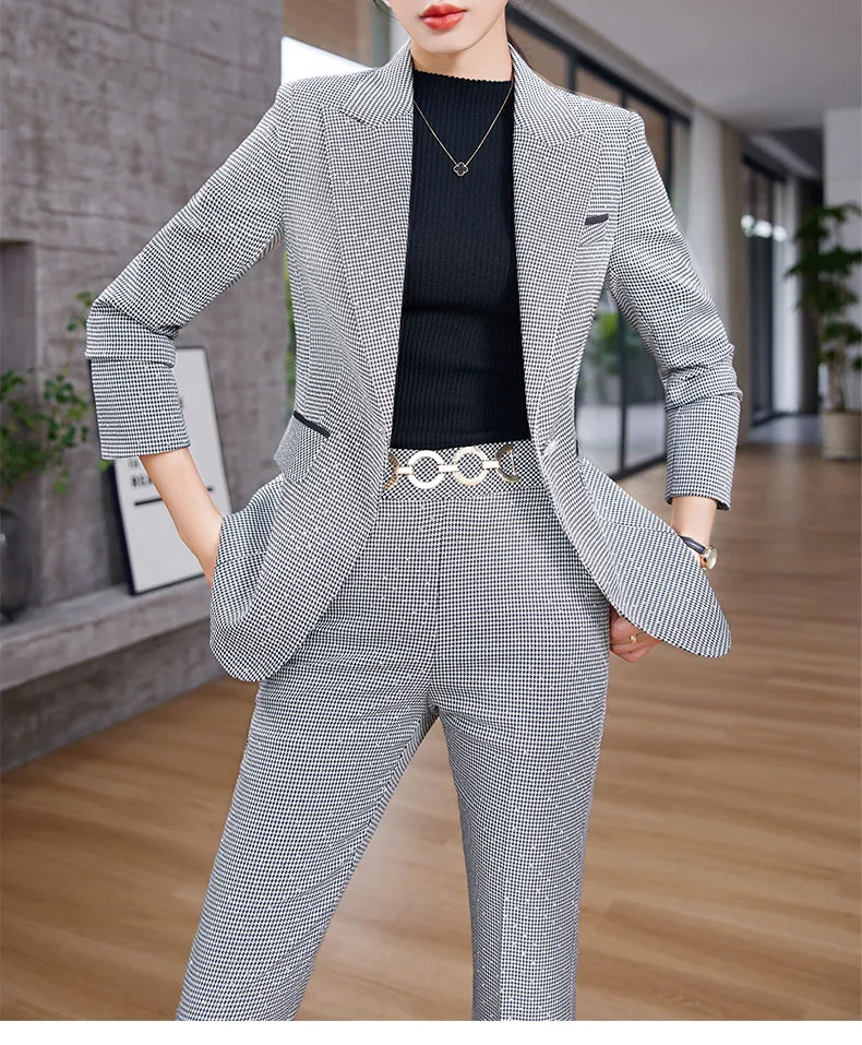 Tesco Autumn Women's Black White Plaid Blazer Suit For Lady Formal Suits For Women Wear Sequined Pants 2 Piece Set blazer mujer