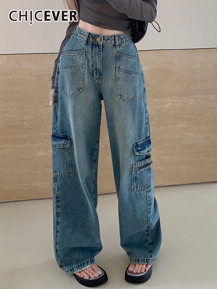 

CHICEVER Streetwear Loose Denim Cargo Pants For Women High Waist Patchwork Pockets Korean Autumn Vintage Casual Jeans Female New
