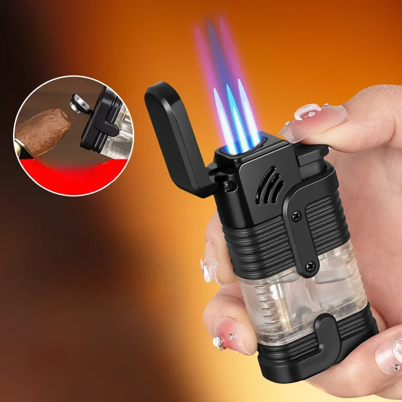 

2023 New Three Fire Gas Lighters Windproof Direct Punch Transparent Large Capacity Gas Bin Bottom Device Portable Cigar Knife