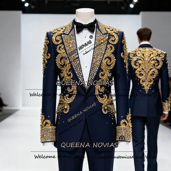Perline squisite Cristalli Abito da uomo Abbigliamento per matrimonio Set da 2 pezzi Giacca monopetto Pantaloni Smoking da sposo personalizzato 2026