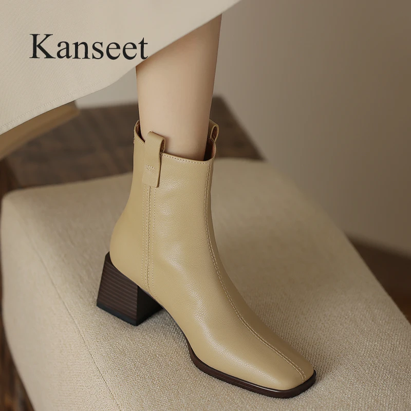 

Kanseet Genuine Leather Short Boots For Lady 2023 Autumn Winter Shoes Concise Square Toe Zipper High Heels Women Ankle Boots New