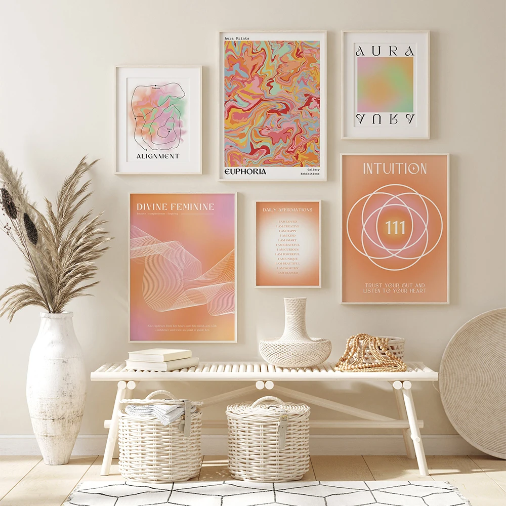 

6pcs Gradient Aura Energy Mystery Wall Art Canvas Painting Nordic Affirmation Posters Prints Wall Pictures For Living Room Decor