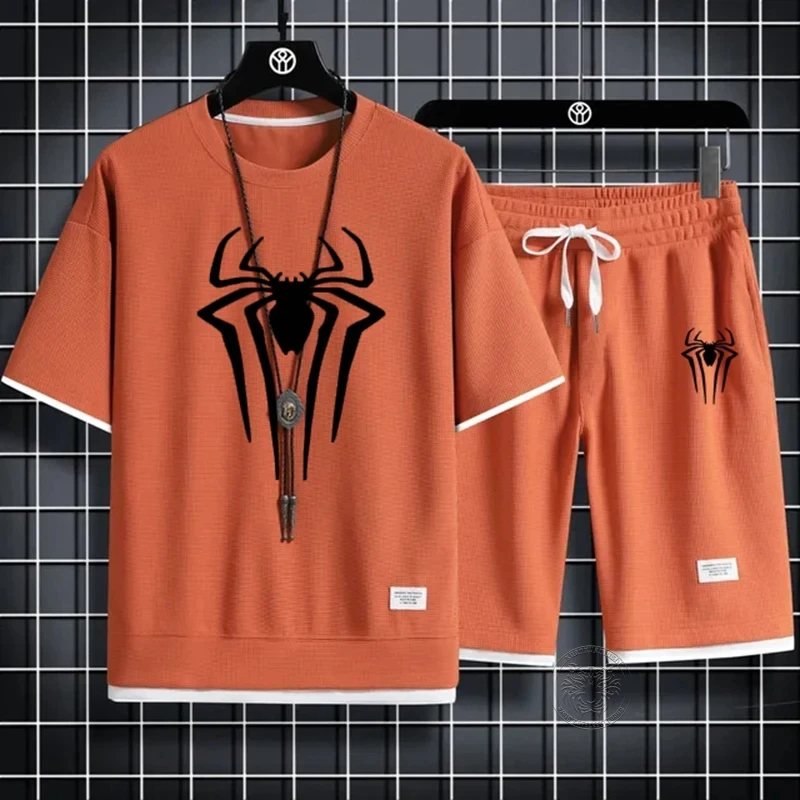 Summer Men's Spider Print T-shirt + Shorts Suit Casual Two-piece Waffle Sportswear 2024 Fashionable and Comfortable Suit M-3XL 3