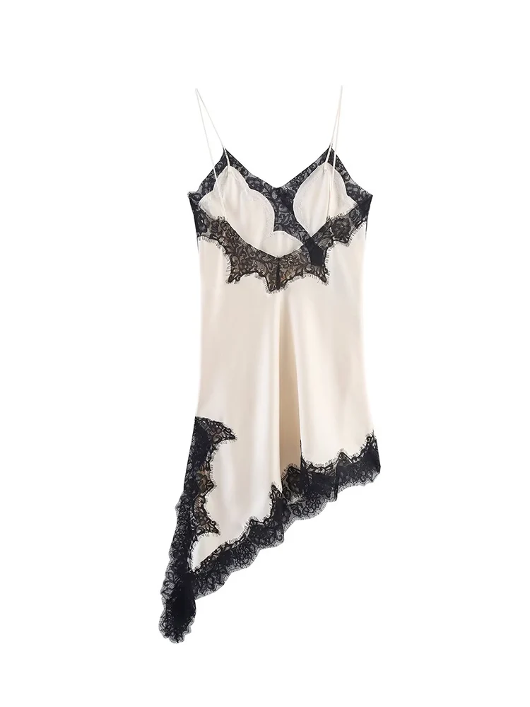 Sexy Female Lace Suspenders Asymmetrical Dresses Backless V Neck Hollow Lace Spliced Party Dress Women 2025 Holiday Dress