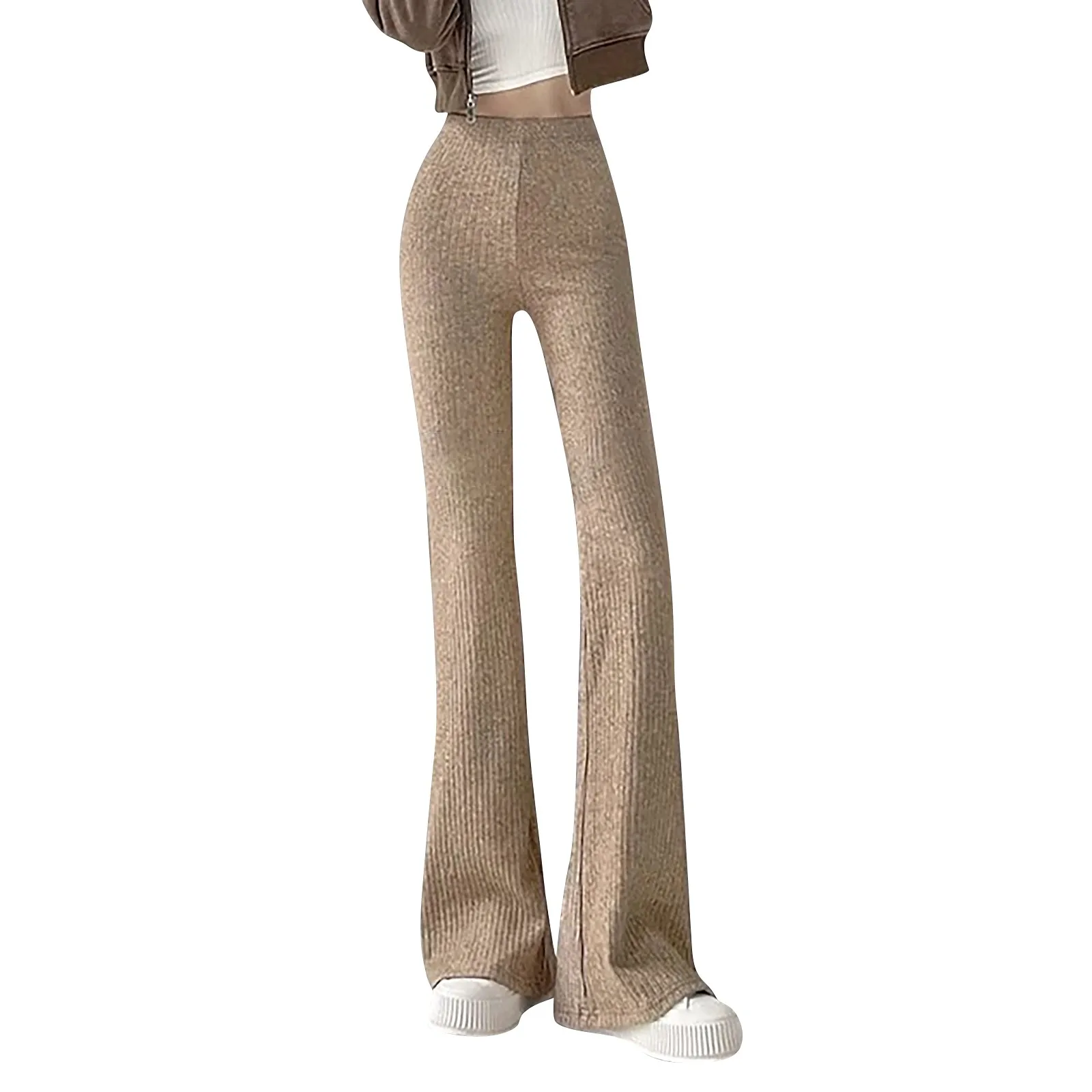 

Брюки-клеш Женские трикотажные, уличная одежда, Однотонные эластичные штаны с завышенной талией, облегающие эластичные брюки-стрейч с широкими штанинами