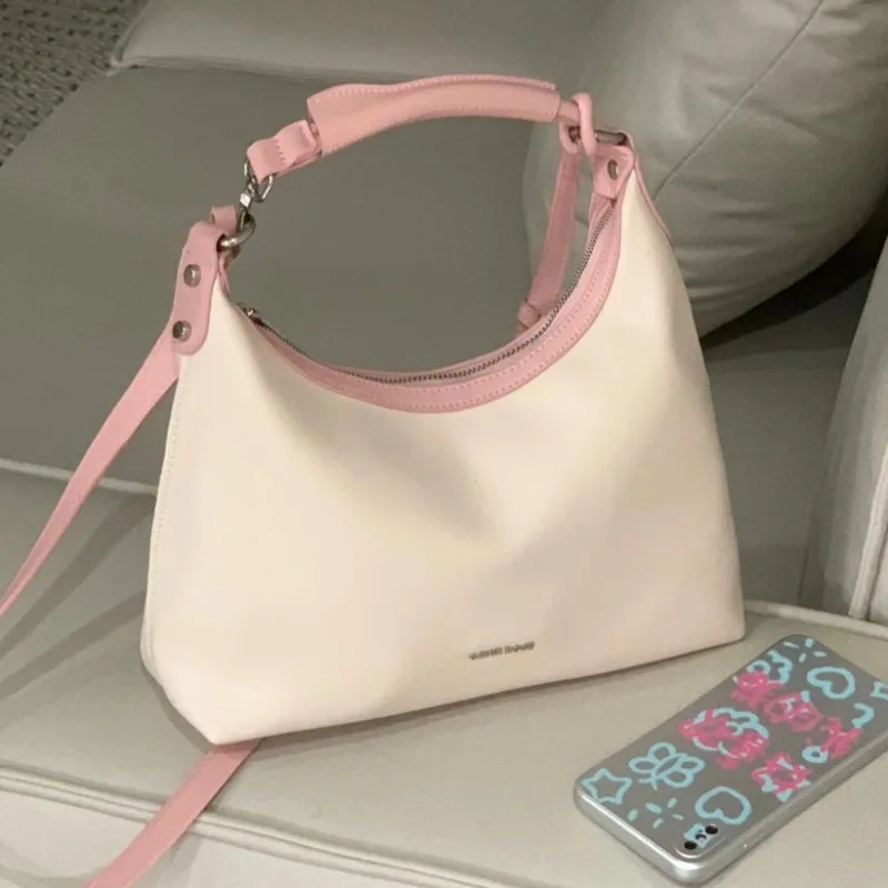 

MBTI Elegant Womens Tote Bag Aesthetic Pink White Casual Large Capacity Leather Shoulder Bag Commuter New Korean Fashion Handbag