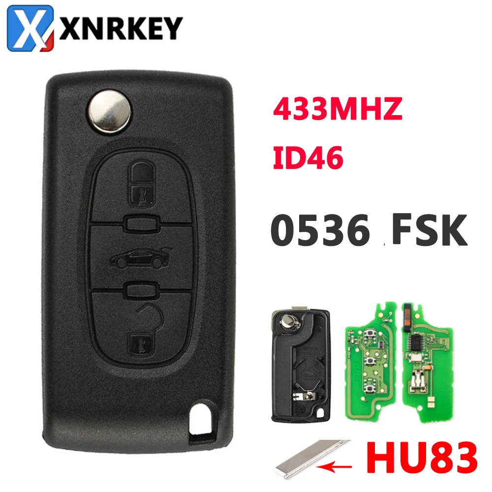 XNRKEY 3Buttons Car Keyless Entry Case Flip Folding Remote  Key For Peugeot Citroen Blade HU83 0536 FSK 433MHz with ID46