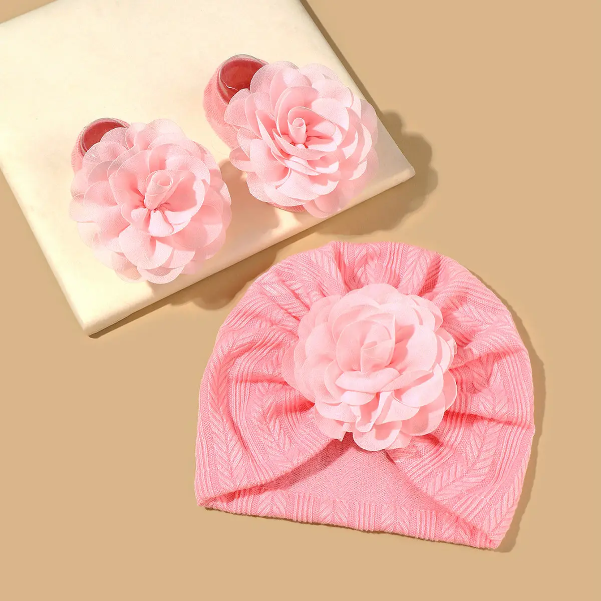 2pcs Newborn Baby Hat Set Spring Baby Girl Boy Turban Hat With Socks Flower Infant Beanies Cap Girl Headwraps Accessories 5