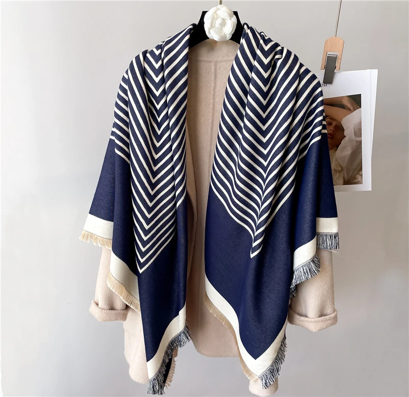 Sciarpa scialle in cashmere 2022 per donna stampa a righe spessa invernale calda pashmina coperta 125 cm grande quadrato Echarpe_voghion.com