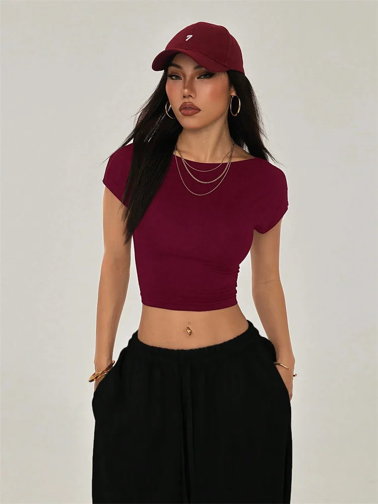 Sexy Backless Short Sleeve T Shirt Women Summer Grunge Y2K Clothes High Street Style Plain Black Crop Tee Top Streetwear 2024 5