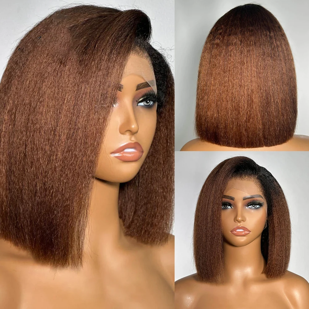 

Yaki Soft Bob Kinky Straight Ombre Blonde 180Density Lace Front Wig For Black Women Babyhair Preplucked Heat Resistant Glueless