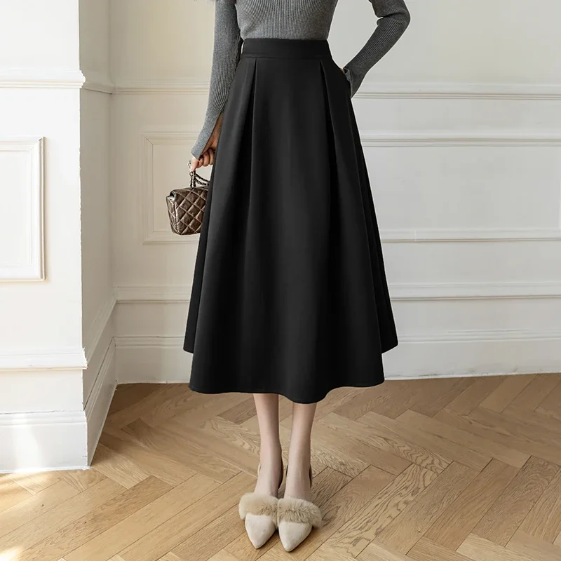 A-line Women's Skirt Korean Fashion Women Clothing Mid Length High Waist Skirt for Women Woolen Cloth Pleated Skirt Black Skirt