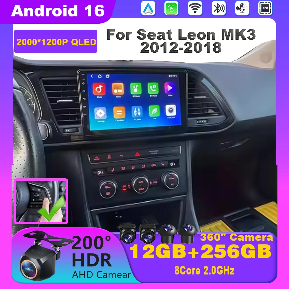 Radio de Coche Inalámbrica con CarPlay y Android Auto para Seat Leon MK3 2012-2018, Android 16, GPS, Multimedia, 4G+WIFI, BT, Sistemas Estéreo, NO 2DIN 1