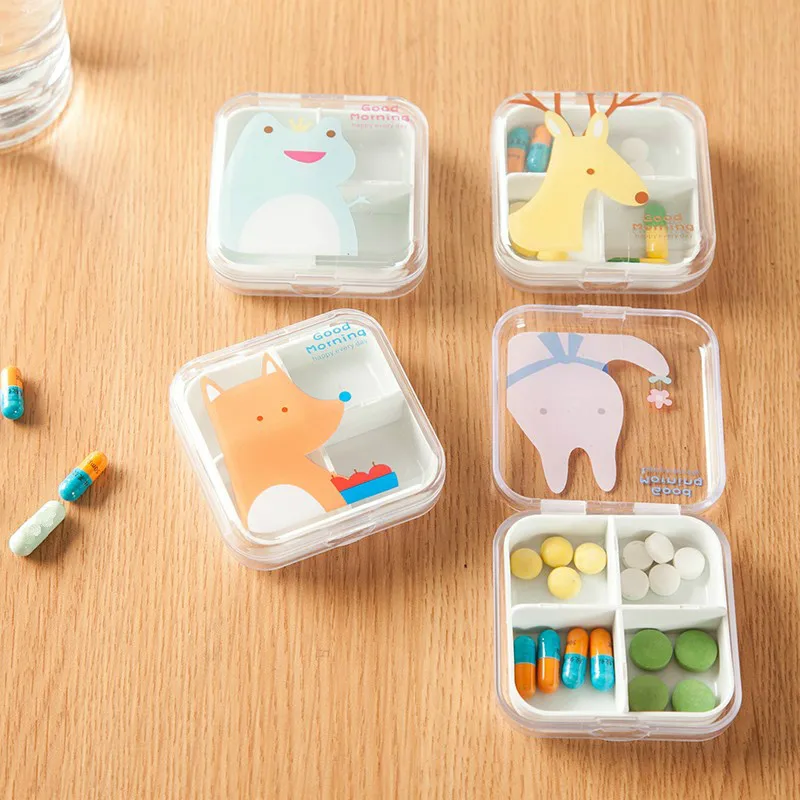 4 Slots Transparent Cute Cartoon Mini Storage Medicine Pill Box Portable Empty Plastic Container Cases Travel Accessories storage pill box
