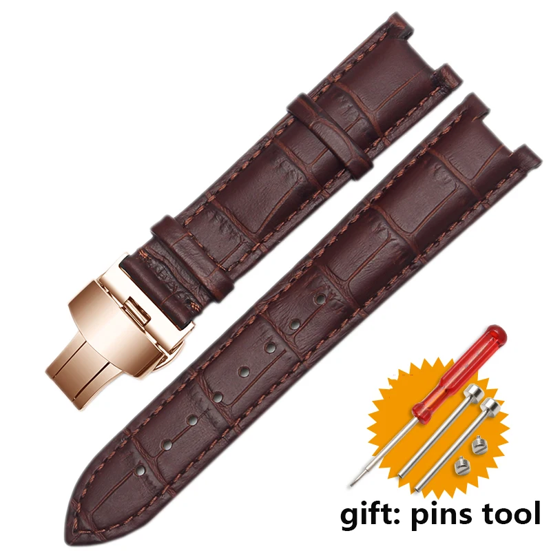 Genuine Leather Watchband with Stainless Steel Butterfly Buckle, Notched Strap Design