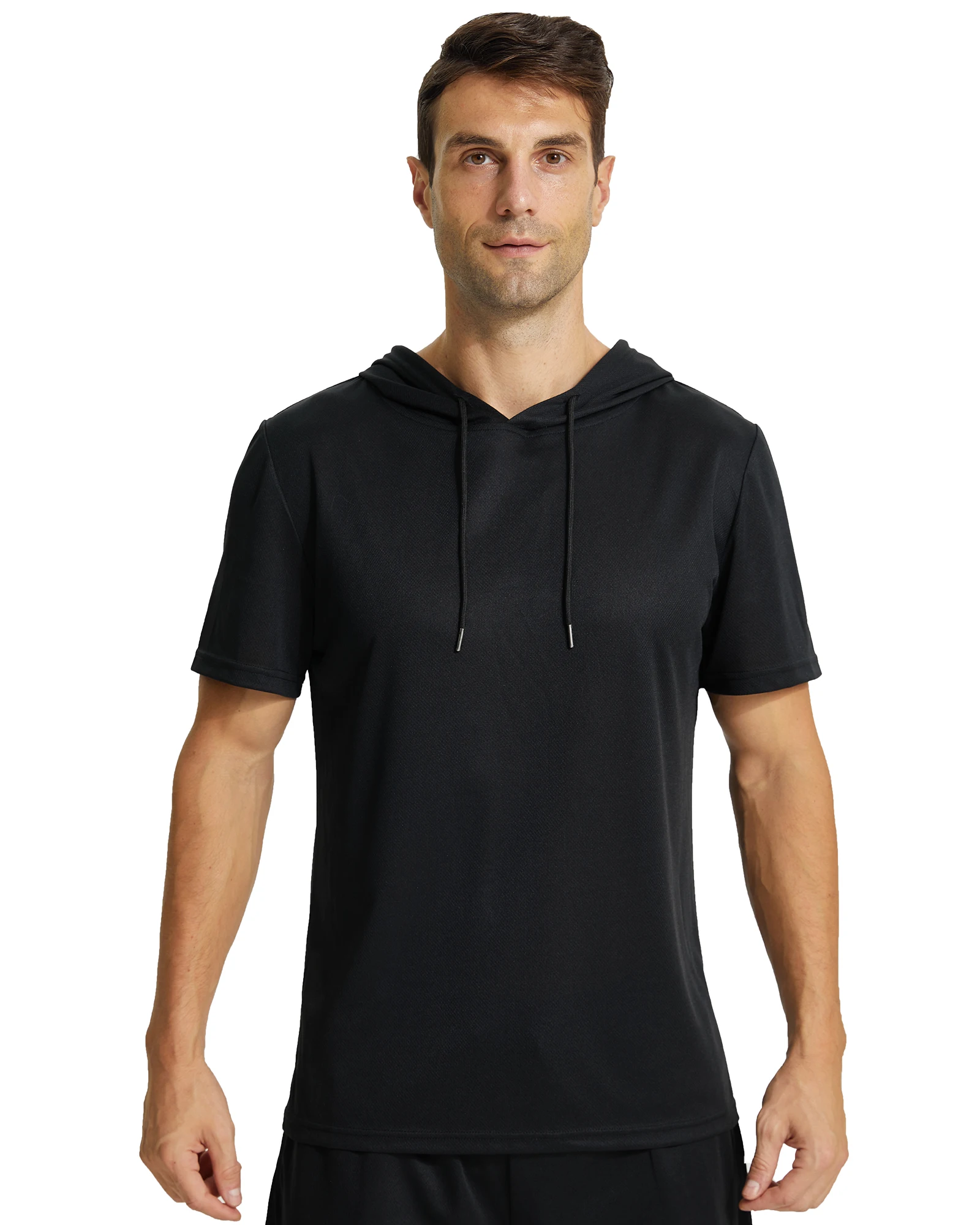 Mens Workout Hooded Shirts Short Sleeve Muscle Fit Gym Running