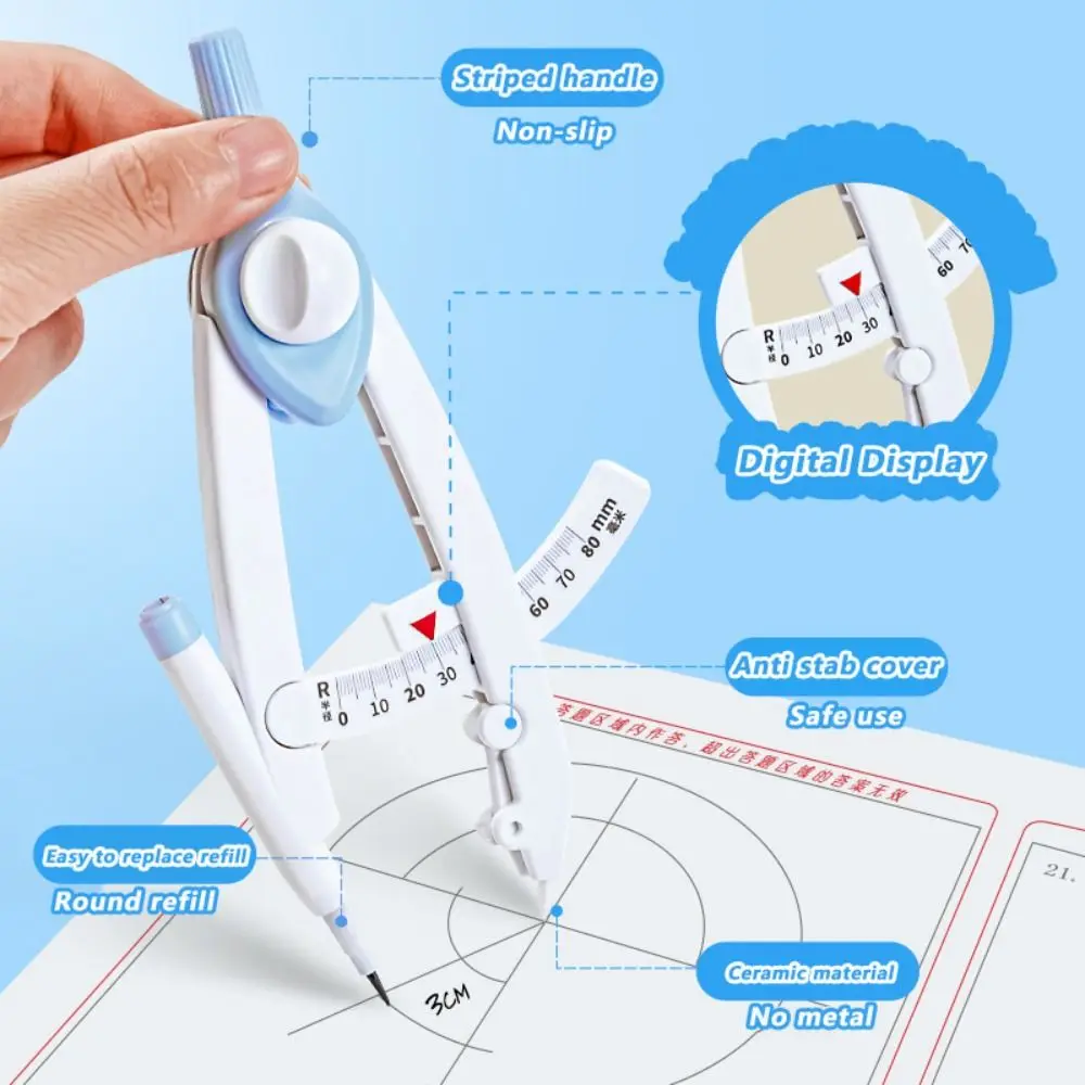 1-13cm 직경 디지털 디스플레이 나침반 눌러서 사용하는 스케일 포함 학생용 나침반 6개 리필 포함 원 그리기 도구