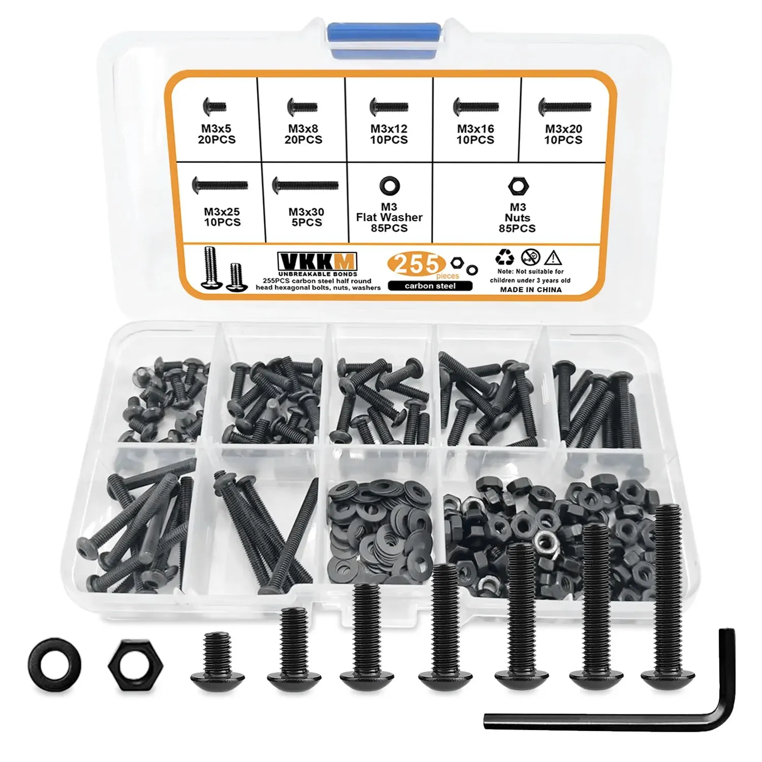 M3 Hex Head Screws 255 Pieces M3x5/8/12/16/20/25/30mm Black Button Head Hex Socket Screw Washer Nut Assortment Kit