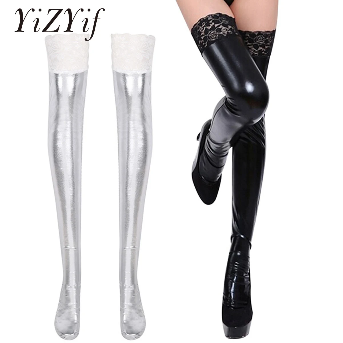 

YiZYiF Women sexy tights latex stocking Wetlook Patent Leather Long Sock Thigh High Stay Up Lace Floral Stockings Sexy Lingerie