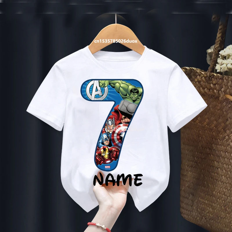 Boy 2 3 4 5 6 7 8 9 Birthday Marvel SuperHero Summer Short Sleeved T-shirt The Avengers Personalize Name Birthday Girls Shirts 5