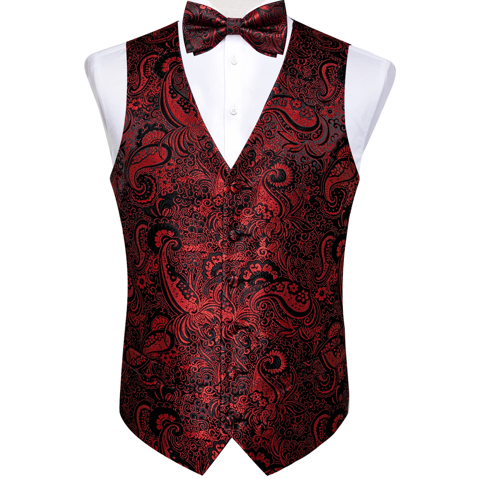 Red Black Floral Vest for Man Sleeveless V-neck Dress Business Man Waistcoat Spring Autumn Winter Tuxedo Tie Bowtie Handkerchief