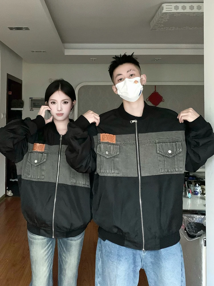 미국 스타일 루즈핏 야구 점퍼 남성용 봄 가을 데님 패치워크 젊은 커플 아우터 긴팔 지퍼