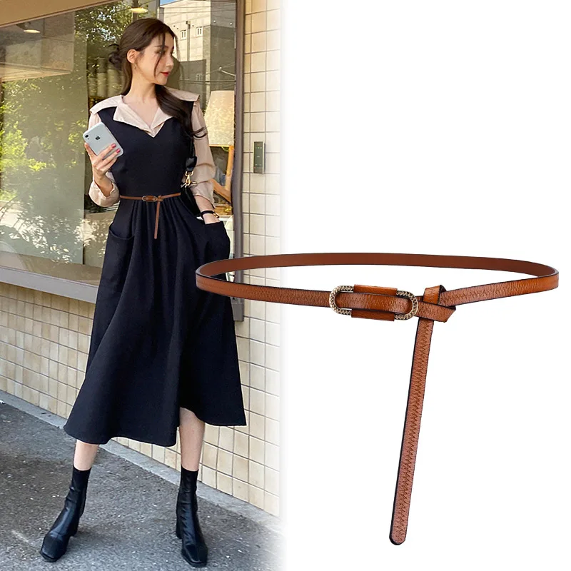 

New Genuine Leather Knot Belt Thin Golden Buckle Dress Trousers Belts for Women Casual Black Ladies Female Designer Waistband