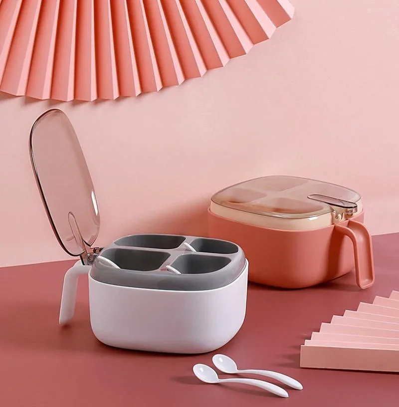Multi Functional Four Grid Integrated Transparent Condiment Box Detachable Condiment Storage Tank Dust-Proof Kitchen Supplies