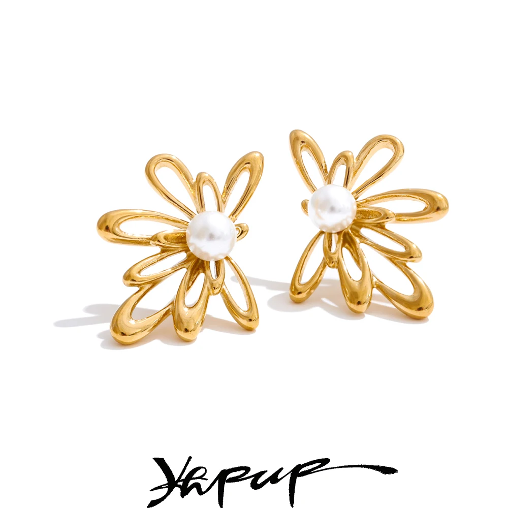 Yhpup Hollow Flower Stud Earrings 2025 Stainless Steel Imitation Pearls