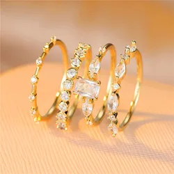 4pcs Female Crystal White Round Zircon Stone Engagement Ring Set Cute Yellow Gold Color Wedding Jewelry For Women