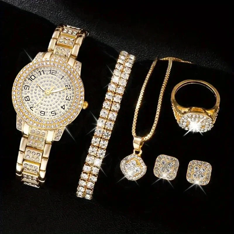 6 قطع/مجموعة ساعة نسائية فاخرة من حجر الراين كوارت...