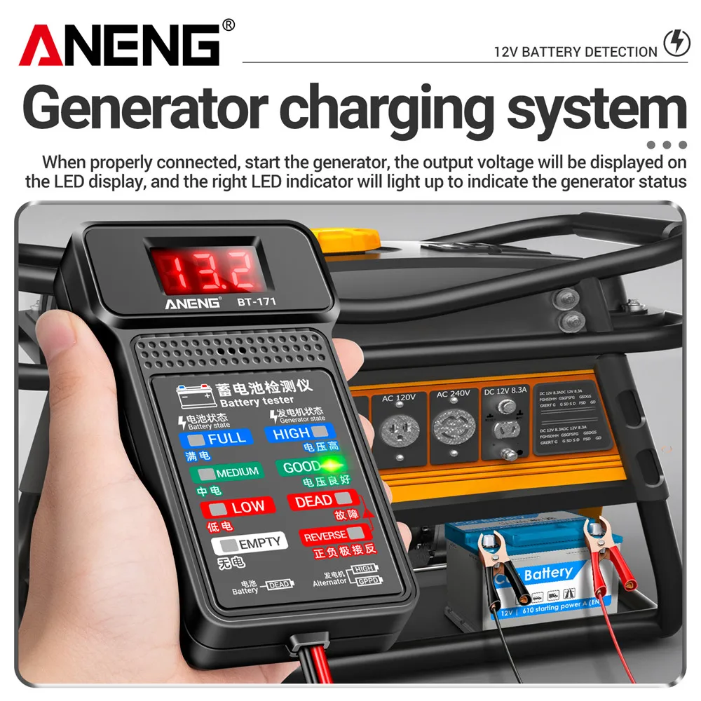 ANENG BT-171 12V Digital Battery Tester Car Battery Indicator with Alligator Clips LED Status Indicator Electrician Tool battery tester