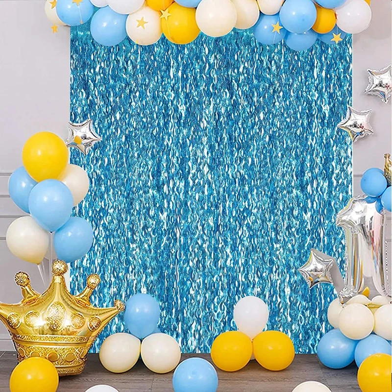 1 Stück 1x2m Blauer Wellenförmiger Fransen-Vorhang, Niedlicher Wellen-Glitzer-Folienvorhang für Hochzeit, Geburtstag, Party-Hintergrund, Geburts-Meerjungfrauen-Kulisse
