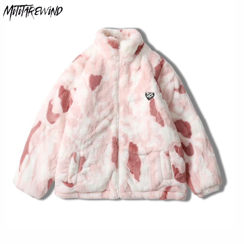 

High Street Faux Fur Fleece Jacket Parkas Streetwear Winter Tie Dye Fuzzy Fluffy Thicken Warm Padded Coat Couple Zipper Jackets