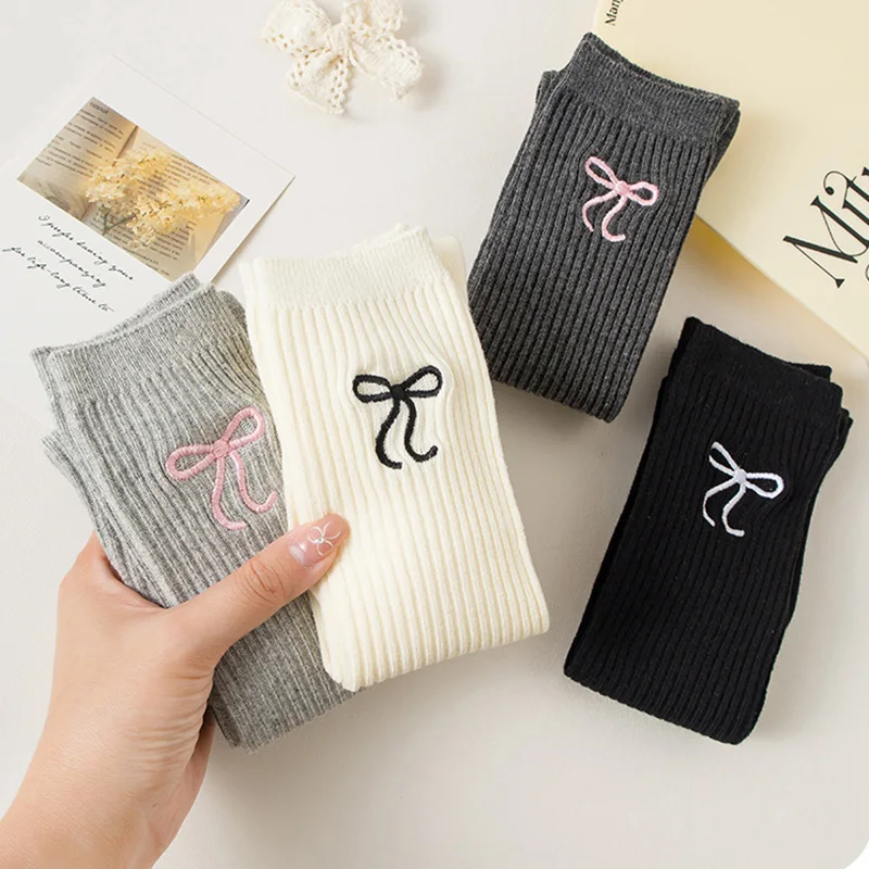 Spring Autumn JK Lolita Kids Girls Legging Stocking Simplicity Sweet Embroidery Bow Knee High Long Sock Soft Cotton School Socks