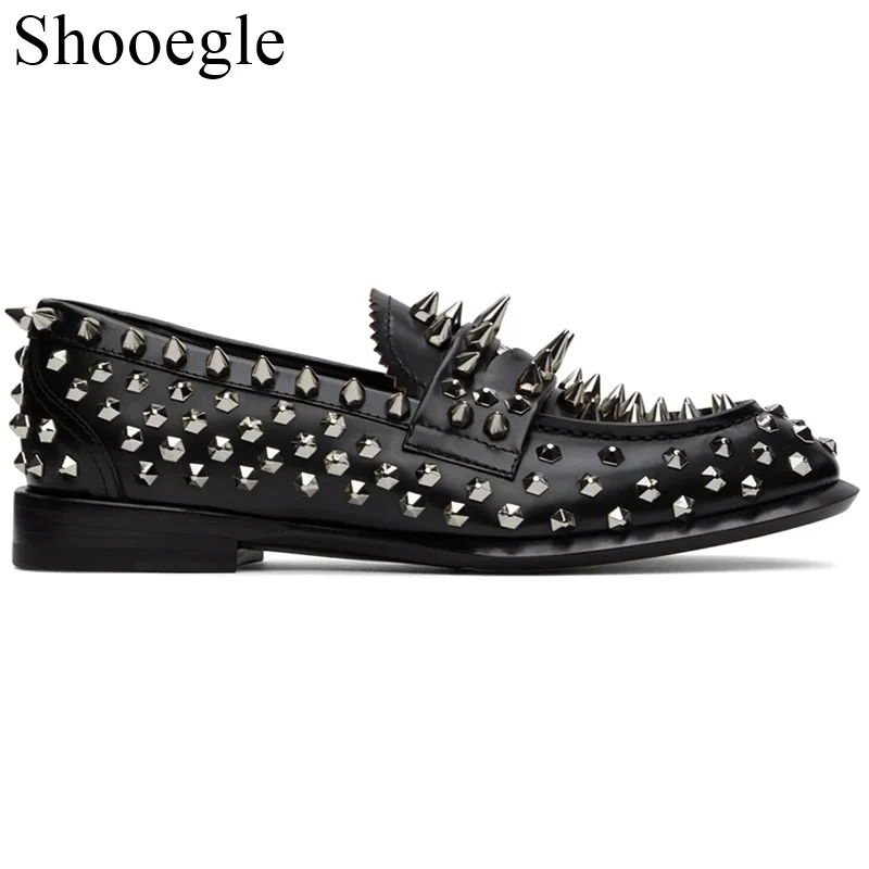 Handmade Studs Spike Genuine Leather Black Loafers Comfortable