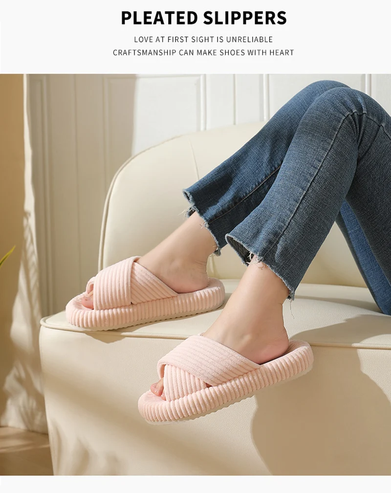 Einfarbig Gestreifte Cord Hausschuhe für Frauen Mode Cross Strap Innen Rutschen Frau Dicke Sohle Unisex Schlafzimmer Hausschuhe – Detail 12