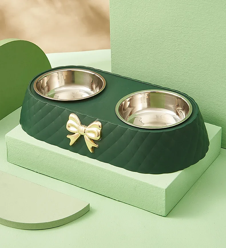 Bow Tie Cat Food Bowl, Stainless Steel Double Layer Dog Bowl, Non-Slip Base
