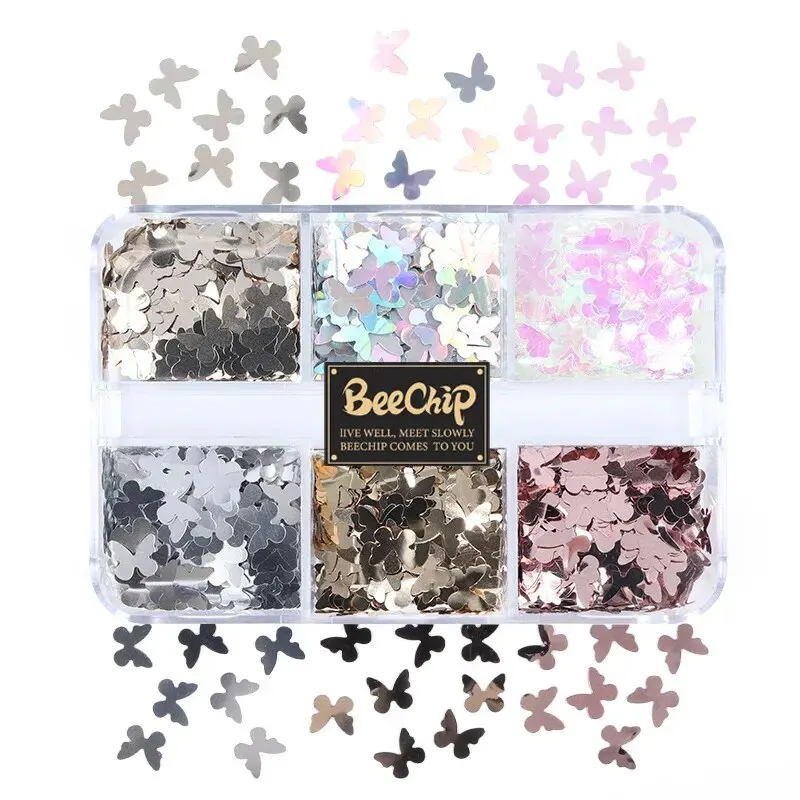 Nail Art Decoration 6 Grids Mixed Nail Art Glitter Snow Butterfly Shiny Fake Nail Decoration Professional Accessories Tool Valentine's Day Christmas