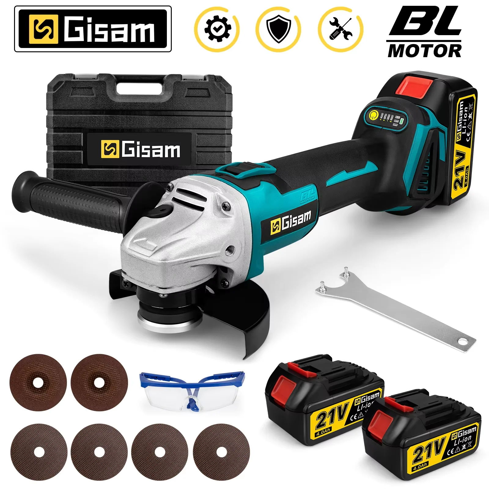GISAM Brushless Angle Grinder, 125mm 4 gear cordless electric grinder, polishing and cutting machine compatible with Makita 18V battery pin