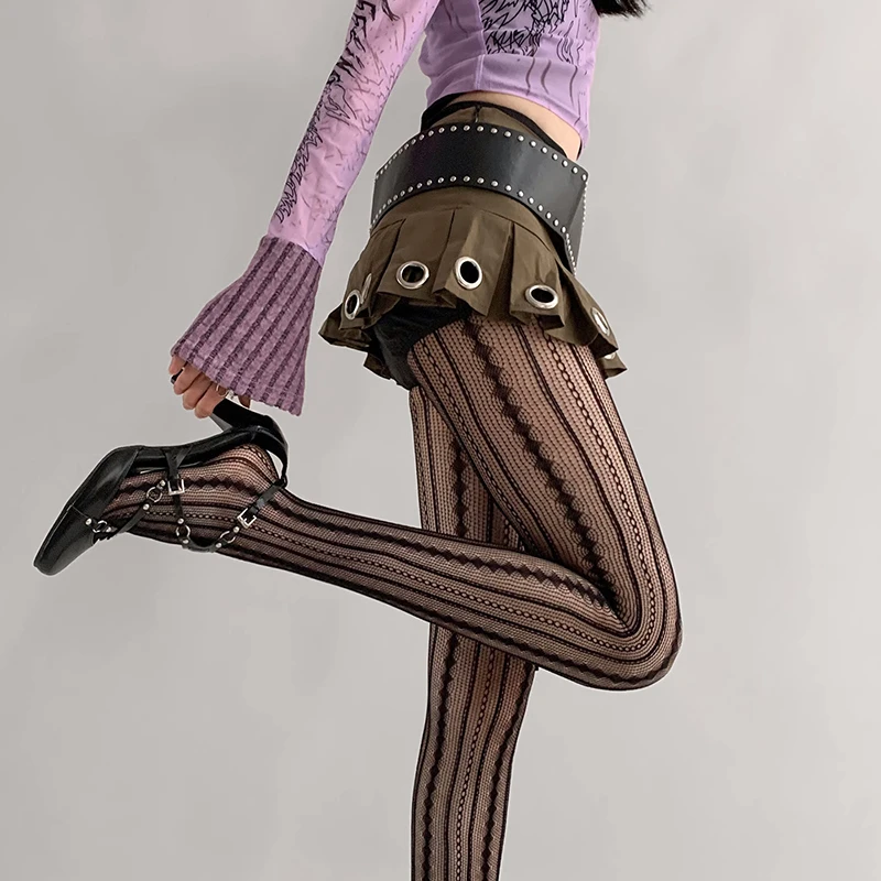 Fishnet Socks Lolita Womens Fishnet Tights Sexy Geometric Striped Pantyhose Rattan Mesh Lace Gothic Cute Seamless