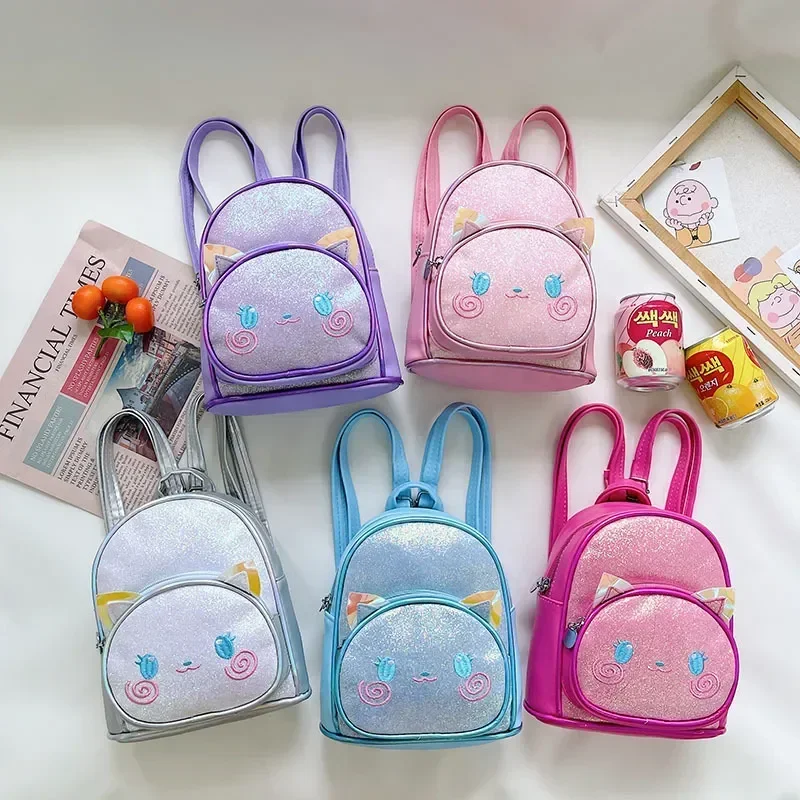 

Cute Little Cat Children Backpack Colorful Shiny Girls Cartoon Fashion Princess Bag PU Leather Kids Kindergarten Small Schoolbag